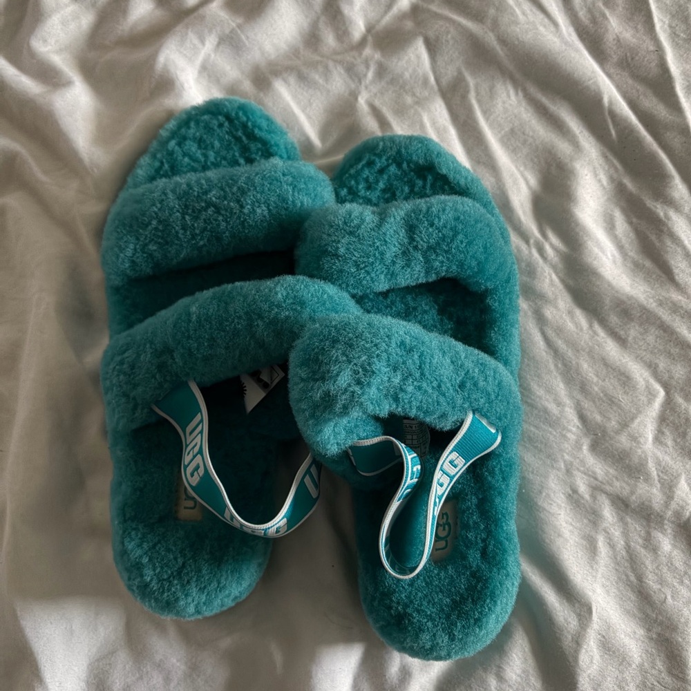 SOLD UGG oh yeah aquatic blue Fluffy Slippers